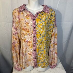 Davi & Dani Boho Patchwork Oversized Blouse L Mixed Print Button Down